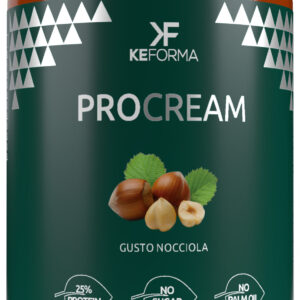Étiquette du pot KeFORMA ProCream avec une illustration de noisettes sur fond vert foncé, indiquant qu'il s'agit d'une pâte à tartiner saine
