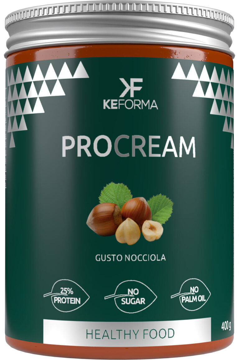 KeFORMA ProCream-Glasetikett mit einer Illustration von Haselnüssen auf dunkelgrünem Hintergrund, das auf einen gesunden Brotaufstrich hinweist