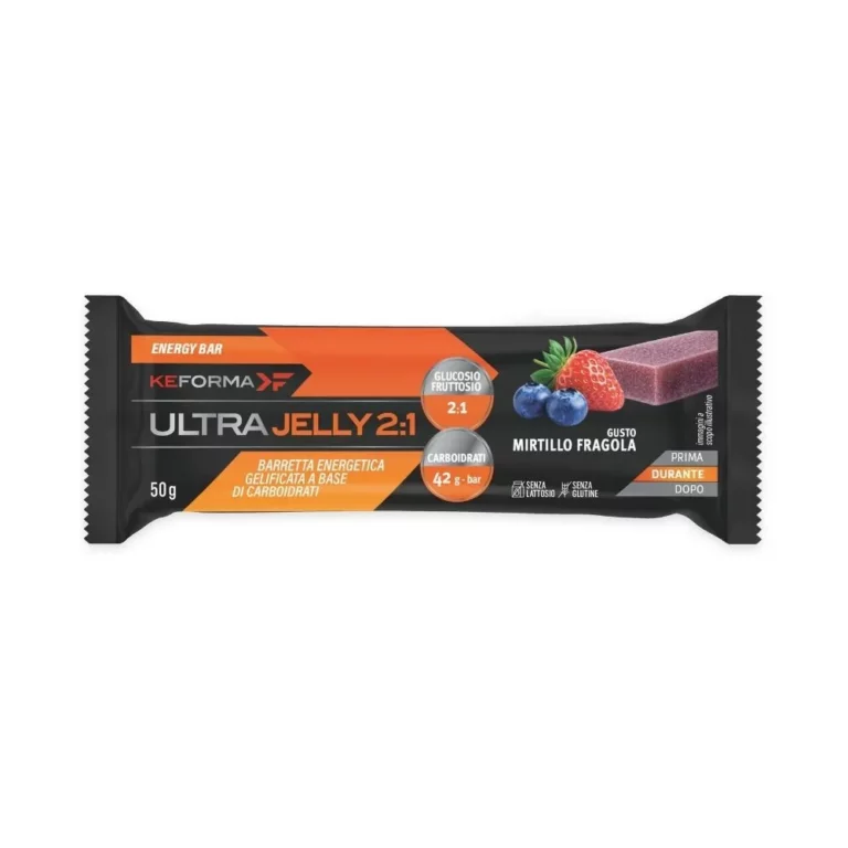 Energy bar packaging labeled Ultra Jelly 2:1 with blueberries and strawberries image on right (Mirtillo Fragola)