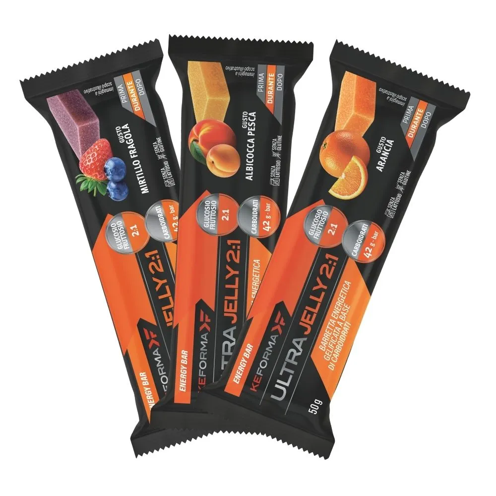 Three Ultra Jelly 2:1 energy bars in black and orange packaging, with flavors strawberry-blueberry, apricot-peach, and orange.
